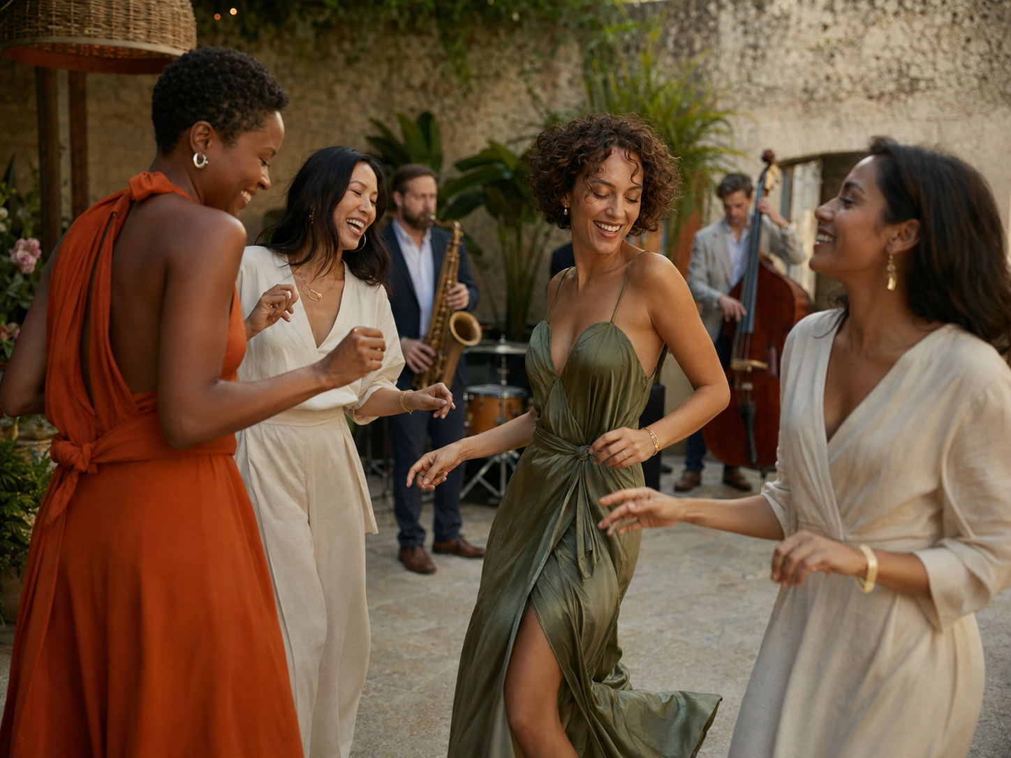 Women dancing together at an outdoor jazz performance