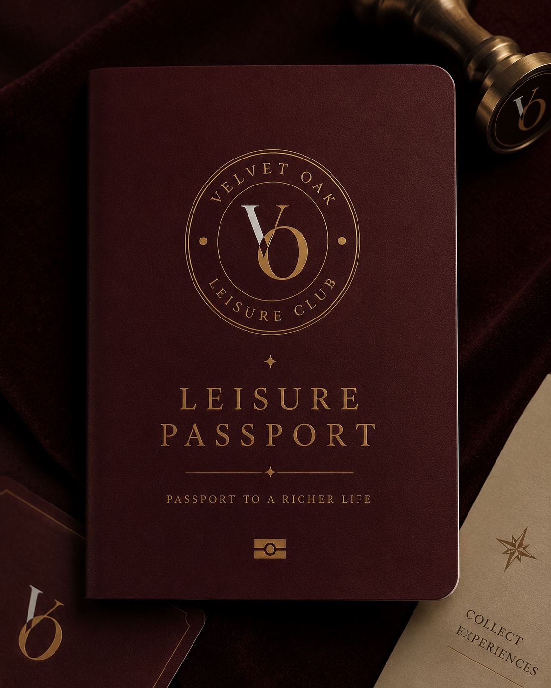 Burgundy Velvet Oak Leisure Passport with gold lettering