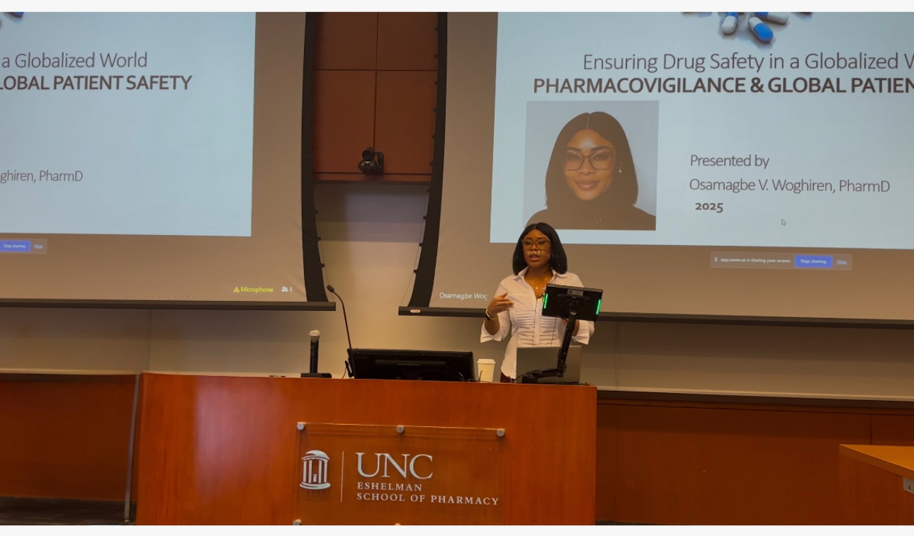 Dr. Osa Woghiren speaking about pharmacovigilance and global patient safety at the UNC Eshelman School of Pharmacy
