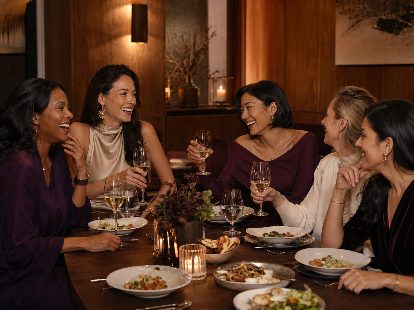 Women laughing together over dinner