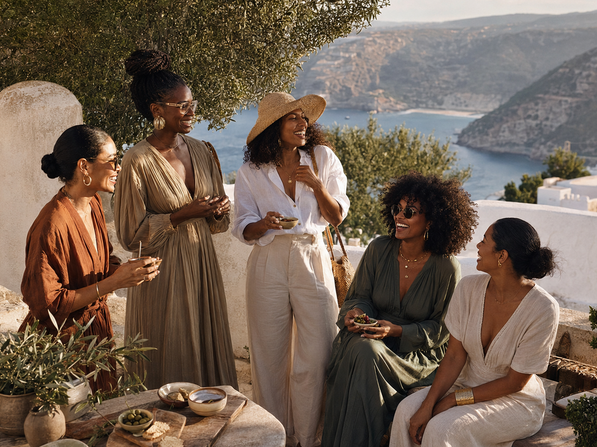 Women gathering on a sunlit coastal terrace